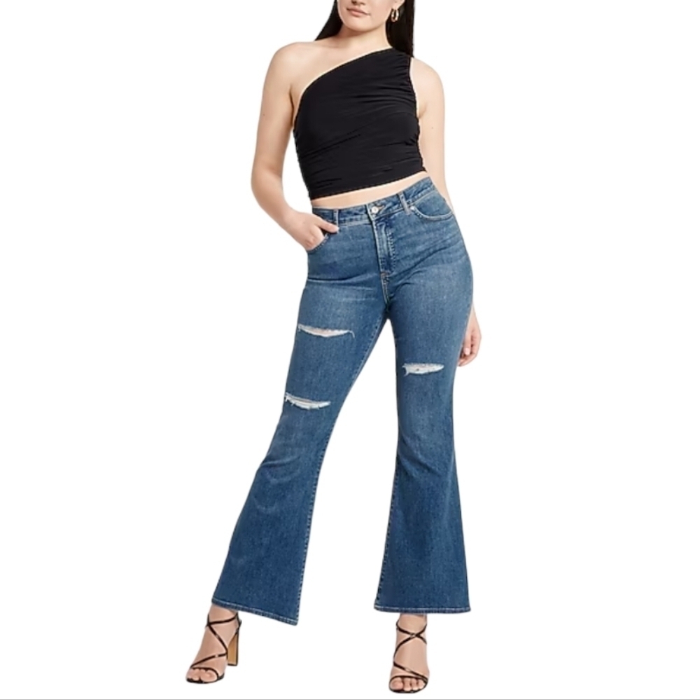 Express High Rise‎ Distressed Flare Denim Jeans Size 10 Regular